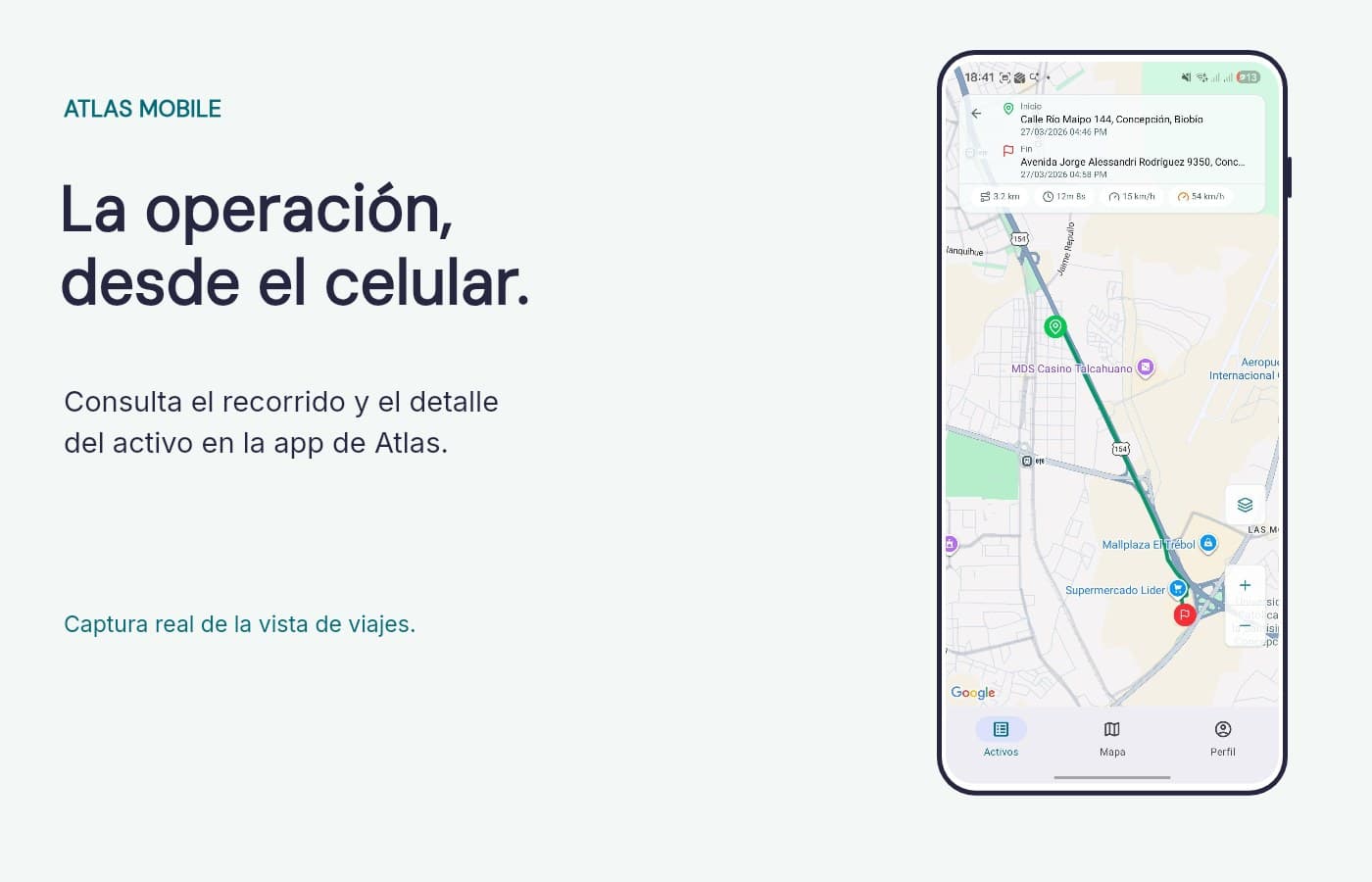 Captura real de Atlas Mobile en un celular: mapa de un viaje con inicio, fin y recorrido del activo