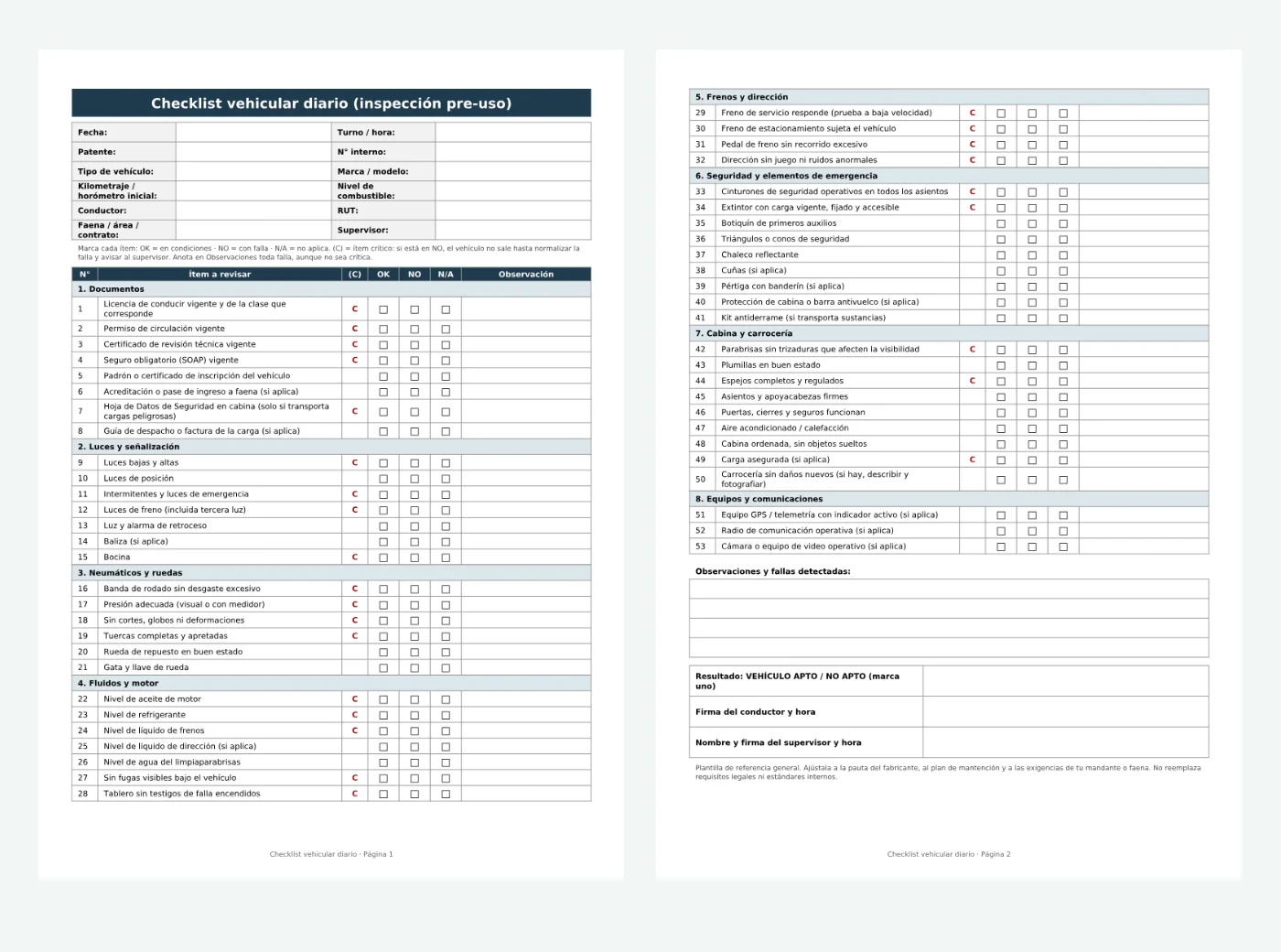 Vista previa de las dos páginas del checklist vehicular diario, con 53 ítems y casillas OK, NO y N/A