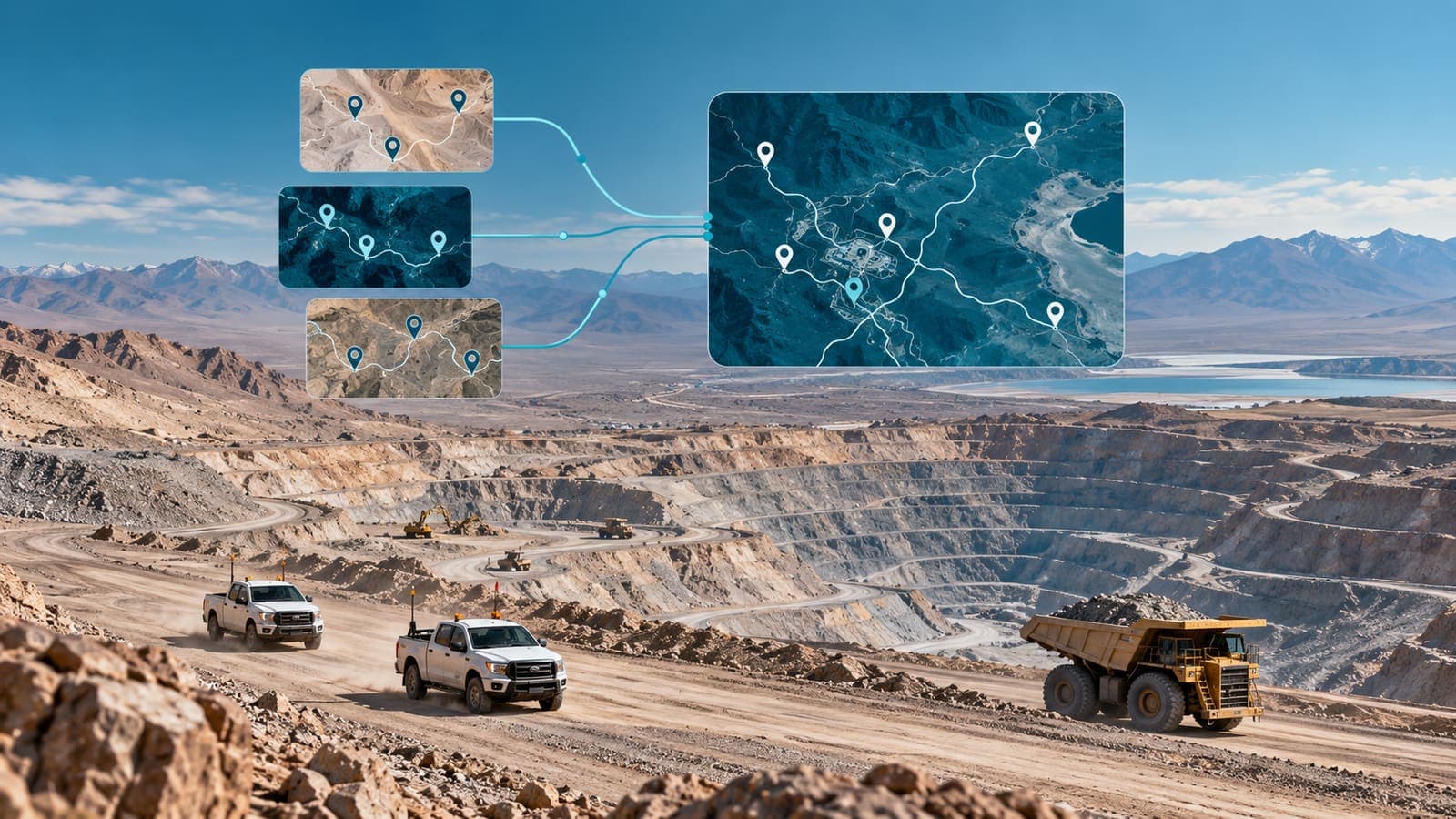 Ilustración de vehículos de una faena minera cuyos datos GPS convergen en una misma vista de mapa.