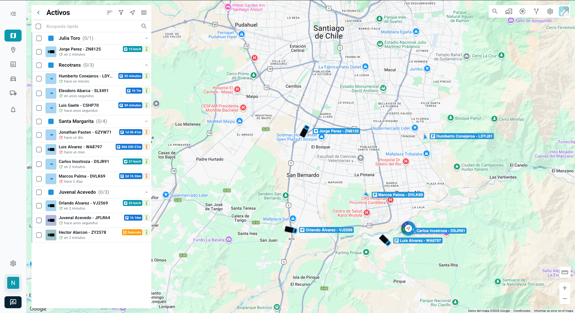 Pantalla real de Atlas con grupos de activos y sus unidades ubicadas en un mapa