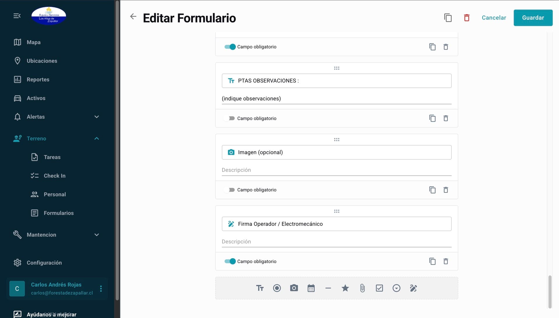 Editor de formulario con campos de observación, imagen y firma, cada uno marcado como obligatorio