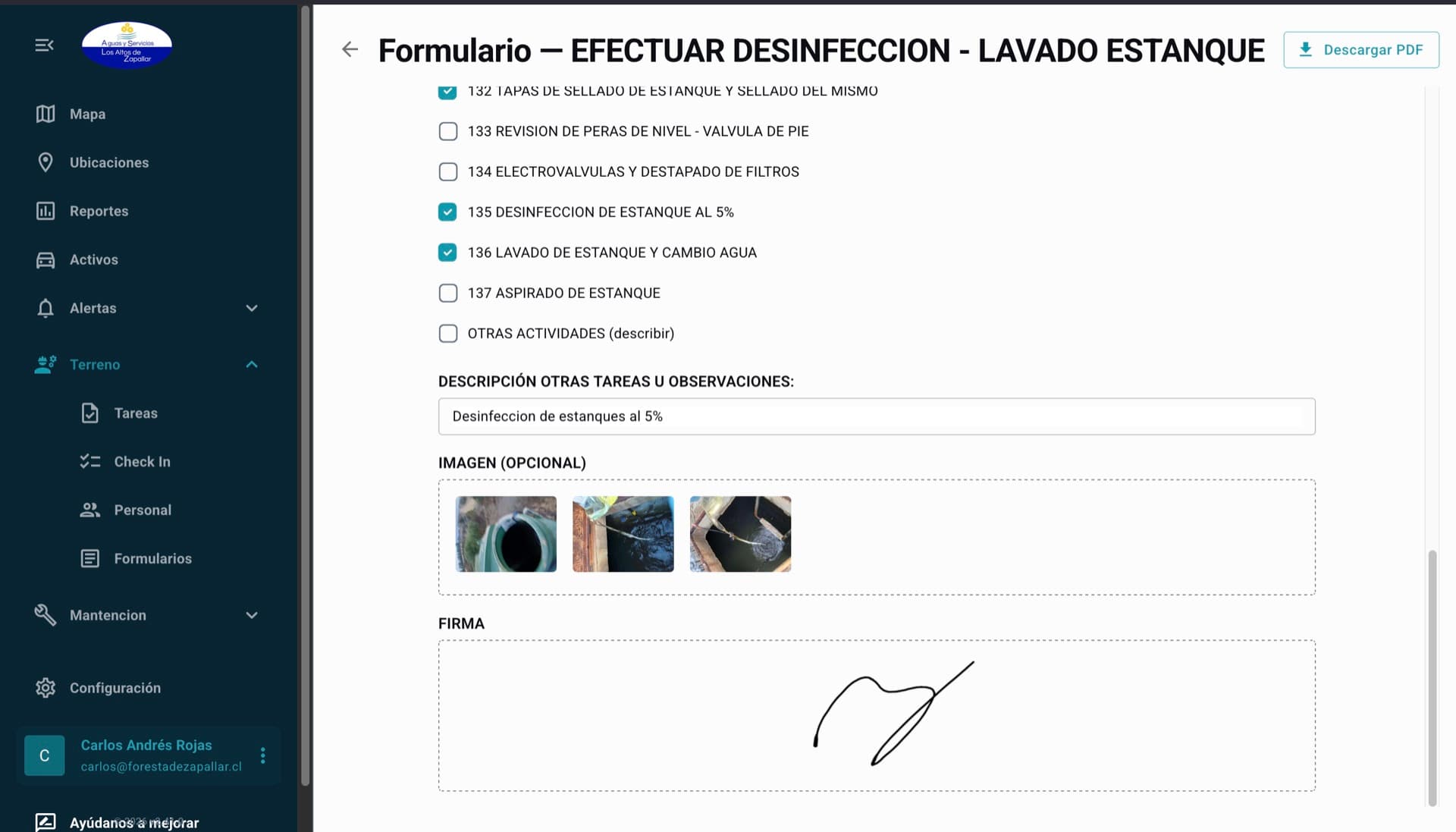 Formulario de desinfección y lavado de estanque completado, con checklist, fotos del trabajo, firma y opción de descargar PDF