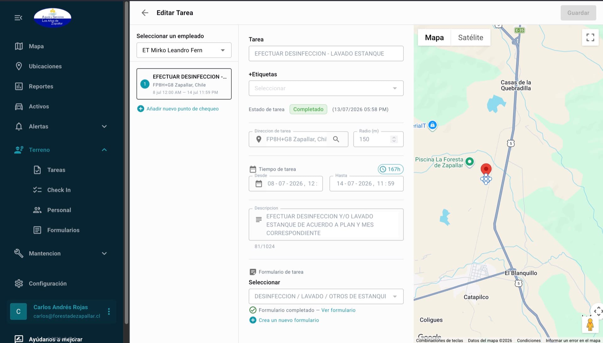 Tarea de desinfección de estanque completada, con su ubicación en el mapa y el menú del módulo Terreno