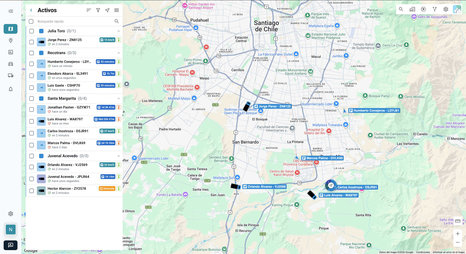 Pantalla real de Atlas con grupos de activos y sus unidades ubicadas en un mapa