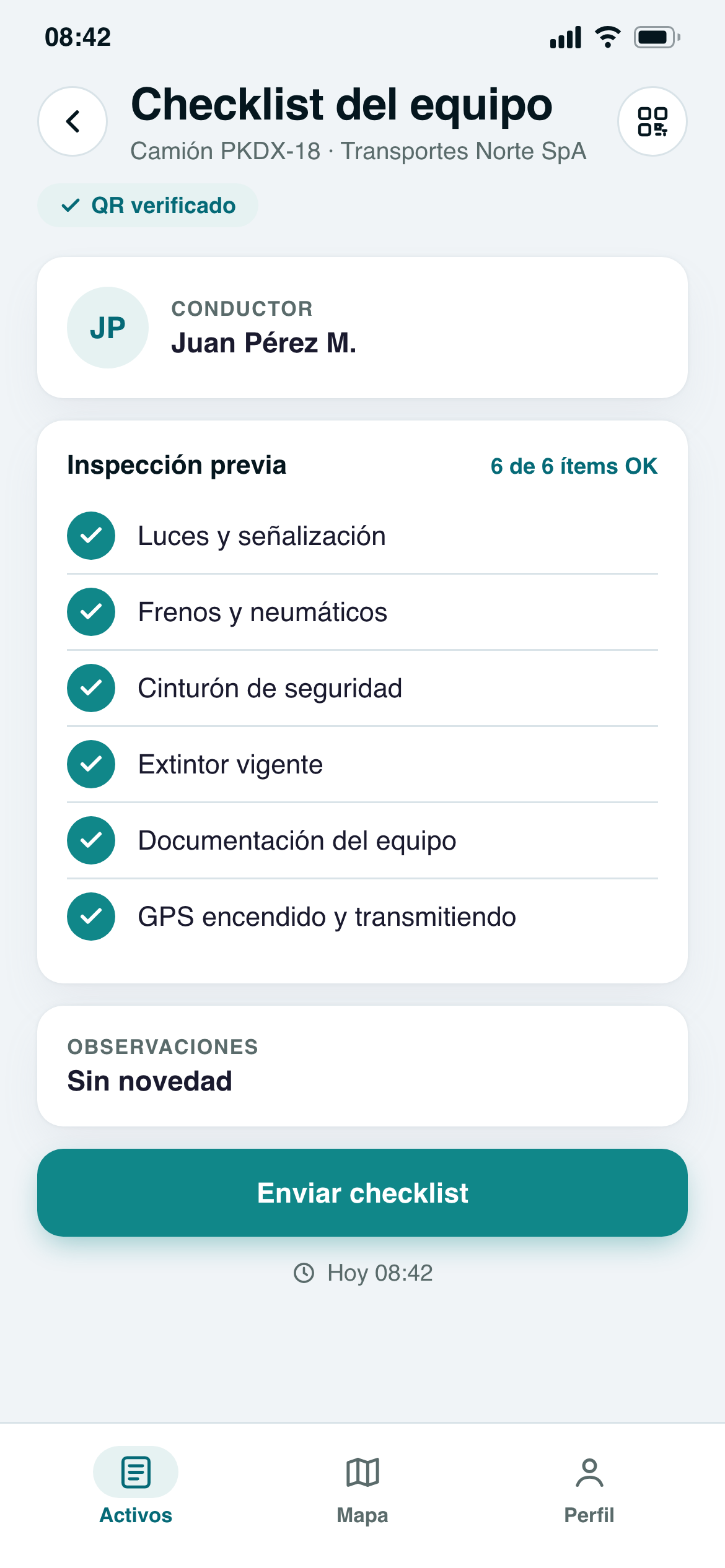 App móvil: QR del conductor verificado y checklist del equipo antes de entrar a faena