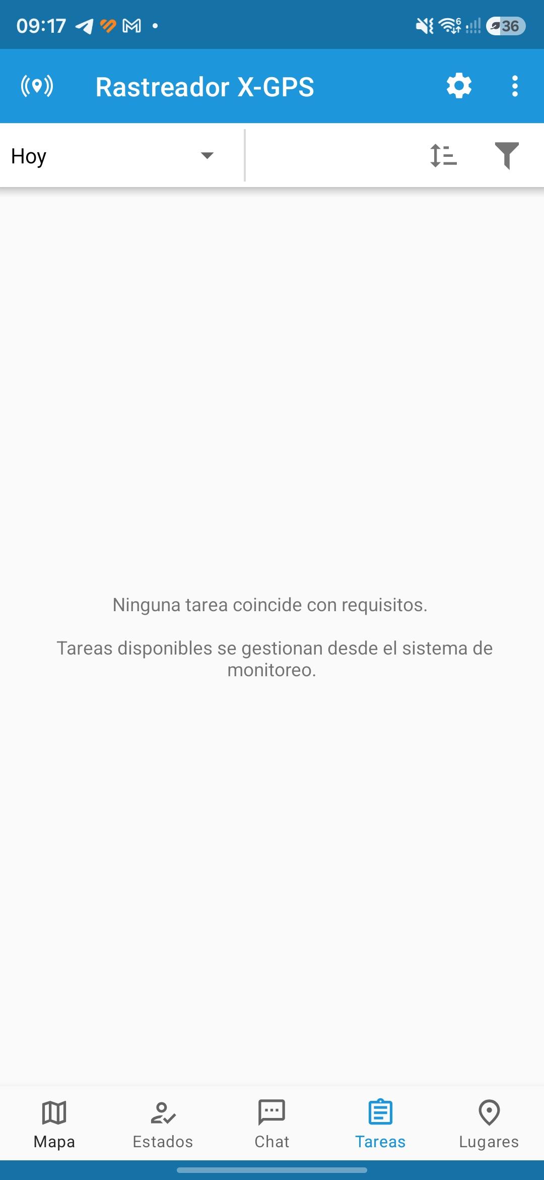 Pestaña de tareas de la app móvil del trabajador