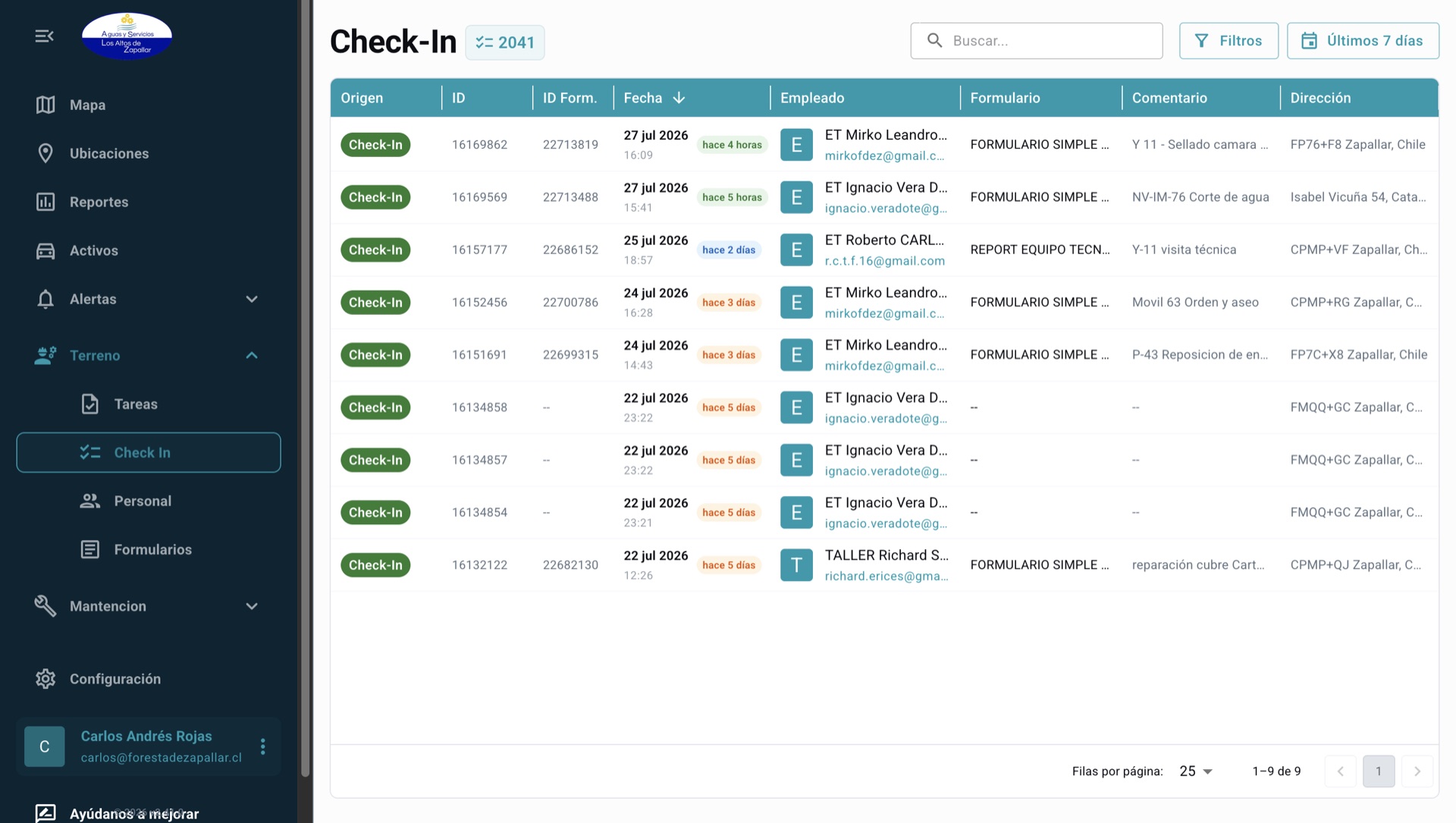 Historial de check-ins con hora, empleado, formulario asociado, comentario y dirección
