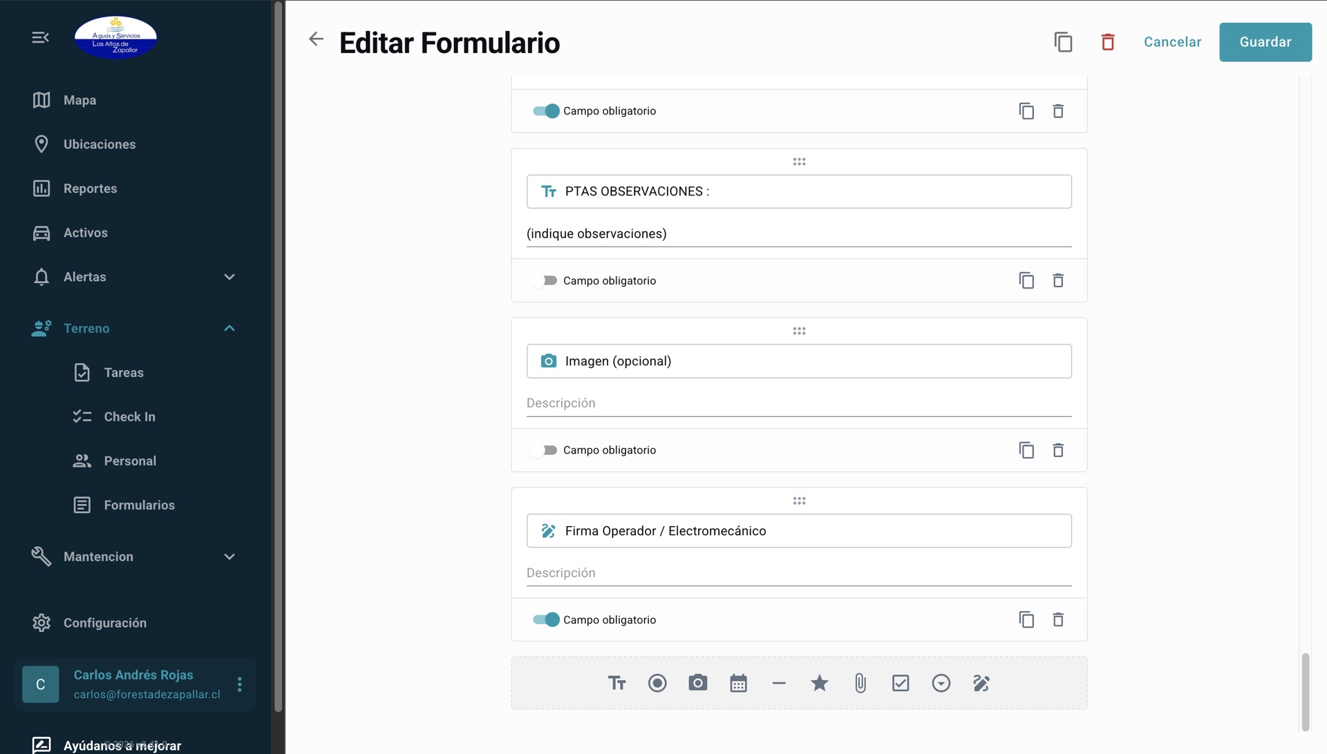 Editor de formulario con campos de observación, imagen y firma, cada uno marcado como obligatorio