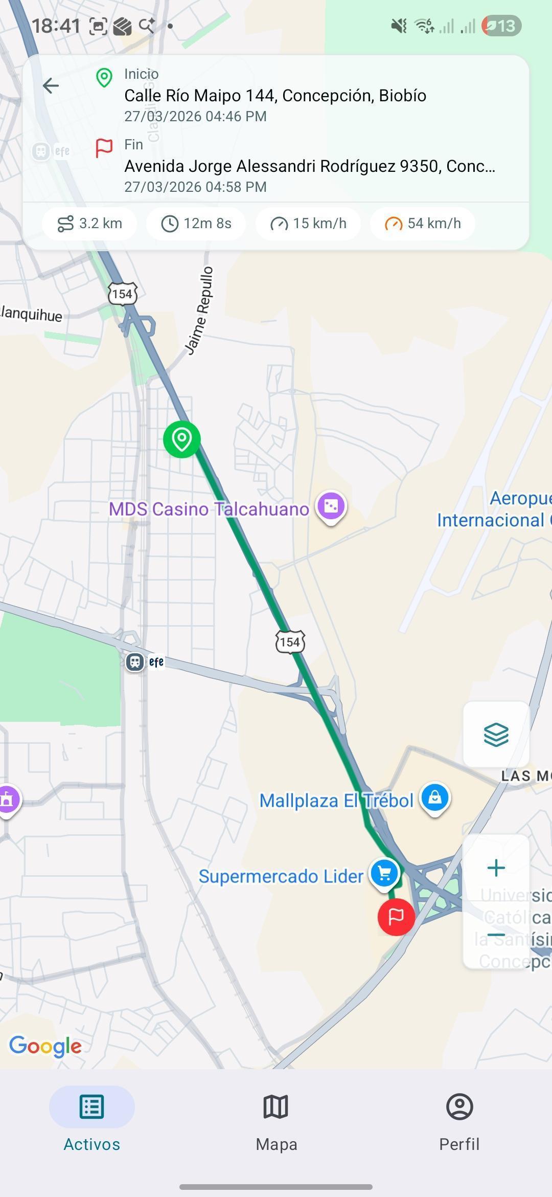 Pantalla de Atlas Mobile con mapa y recorrido de un activo